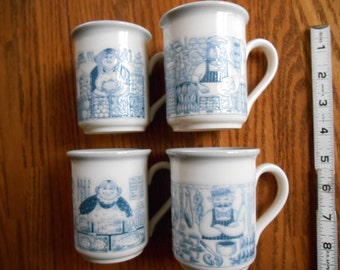 British Shops 4 Cup Set, Bilton's Made in England, Fishmonger, Baker, Butcher's Shop, Green Grocer,Blue and White Kitchen, Christmas Kitsch