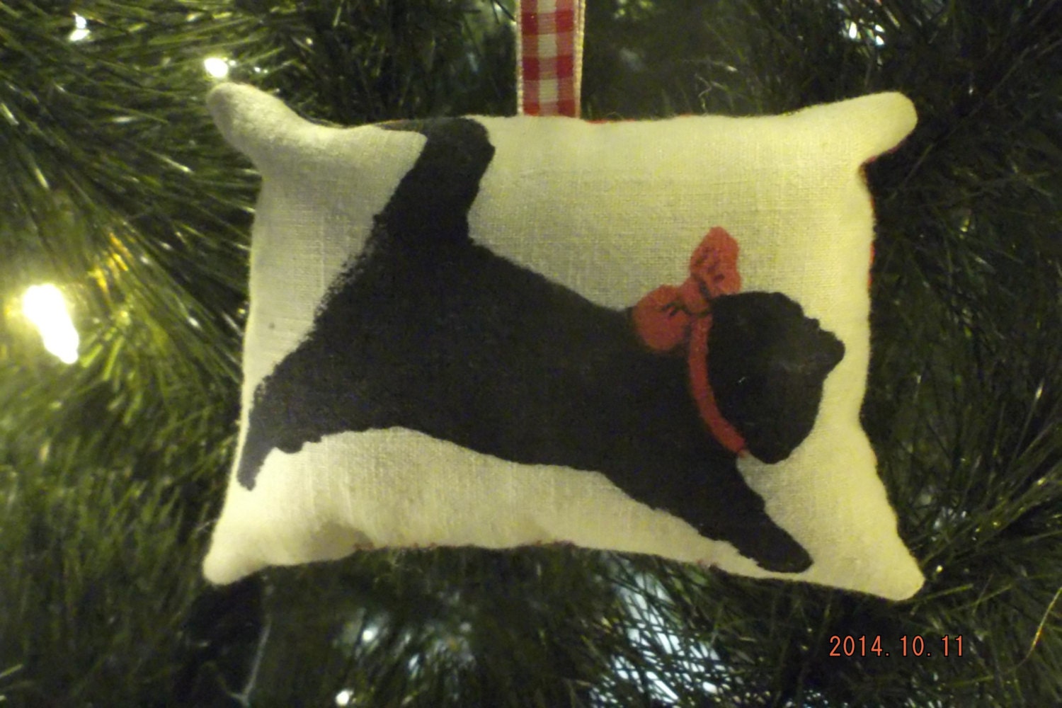 Primitive Black Cat with Red Bow Stenciled Pillow Christmas Ornament FREE SHIPPING!