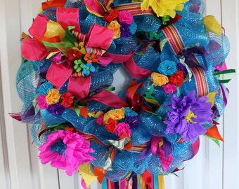 Large Fiesta deco mesh wreath. San Antonio Fiesta Decor. Fiesta paper flower bright colored wreath. FIESTA. Fiesta Decor. Fiesta wreath