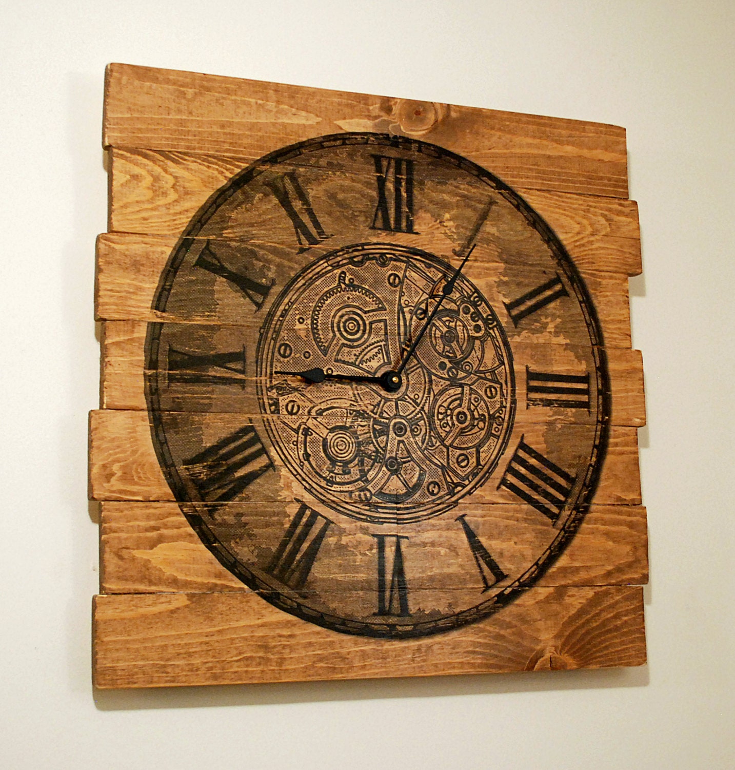 Large Wall Clock Chronograph Design on Stained Distressed Wood