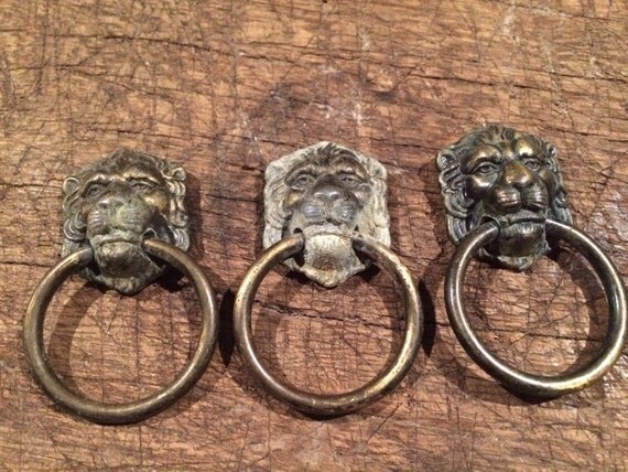 3 Vintage Brass Ring Lion's Head Drawer Pulls Allison 888