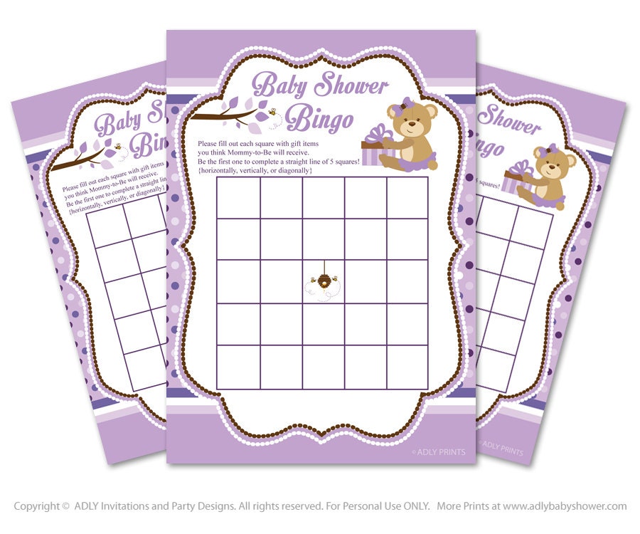 Teddy Bear Bingo Game Printable Card for Baby Purple Shower