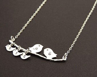 Personalized Mother's Necklace. Silver Bird Family Necklace. Baby Birds. Family Initial Necklace. Family Bird. Grandma Mom Gift