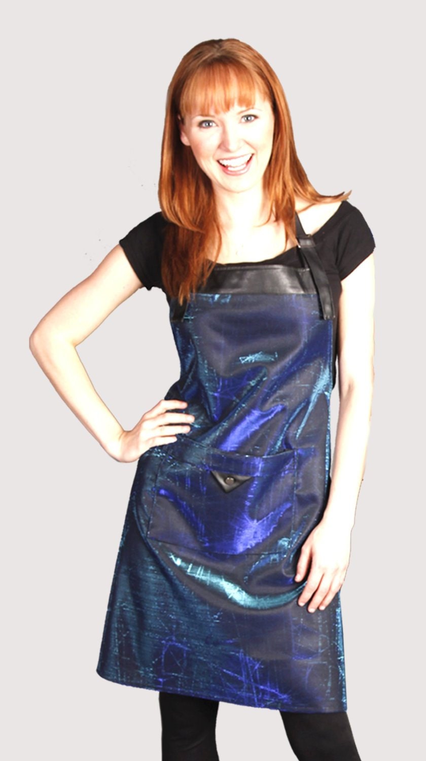 149B Sparkling Leather Trim Apron Blue Women Apron Salon