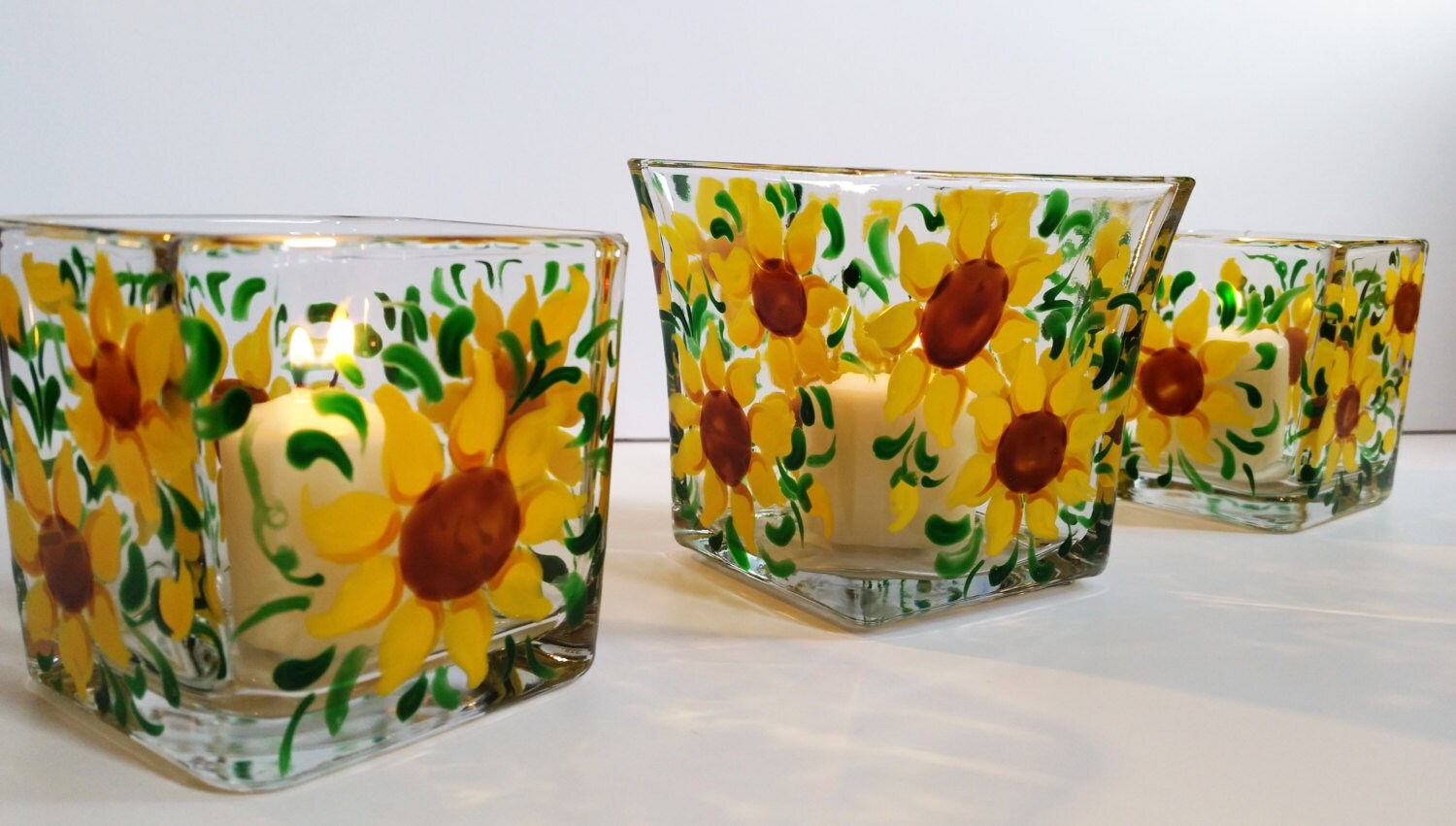 Hand Painted Sunflower Candle Holder 3 Piece Set by PritzDesigns