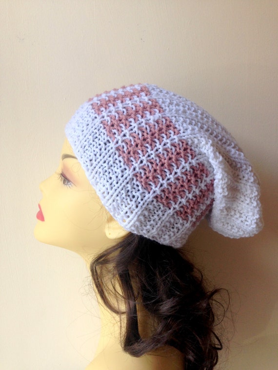White Slouchy Hand Knitted Hat, Slouchy beanie hat slouchy white and rose pink color hat, hand knit women men hat, chunky slouchy hat