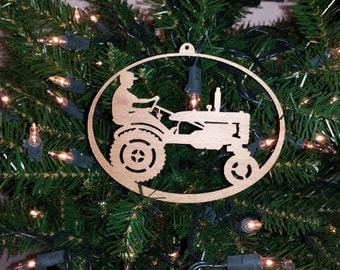Christmas Ornament Tractor Farmer Holiday Laser Cut Wood