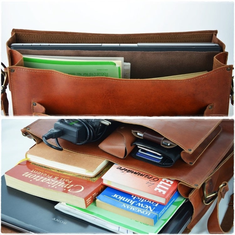 Leather Messenger Bag 17 inch Laptop Bag Tobacco by Leatherhood