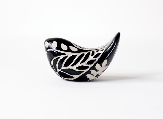 Small Clay Bird Sculpture – Black with White Carving - Handmade