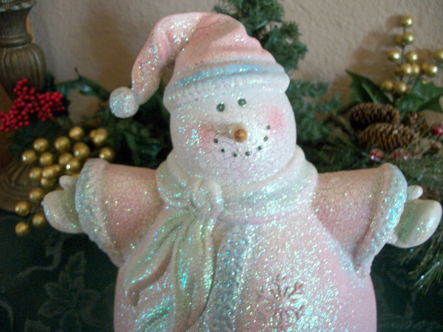 Snowman Figurine Pastel Pink Crackle Finish Christmas Ceramic