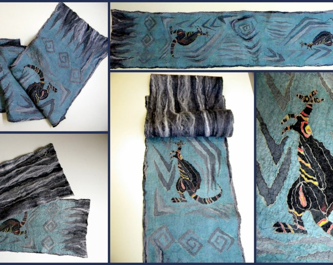 Kangaroo scarf Wet felted scarf Handpainted silk Nunofelt scarves Merino wool scarf Grey long scarf Gift for him Winter scarf