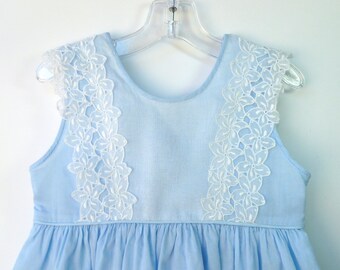 Vintage 1960's Blue Infant Easter Dress w/ White Floral Lace 12 Months