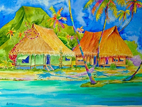 Tahiti Village Watercolor on canvas