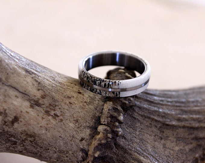 Titanium Men Ring With Deer Antler, Antler On A Titanium Ring, Bone Ring