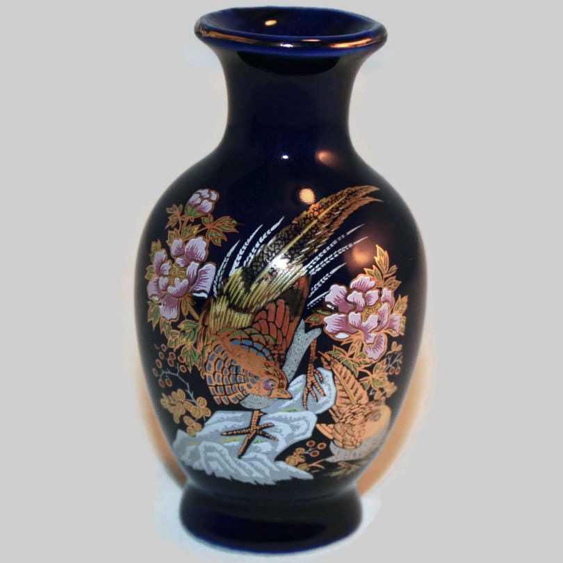 Japan Inspired Miniature Cobalt Blue Vase Handpainted Floral