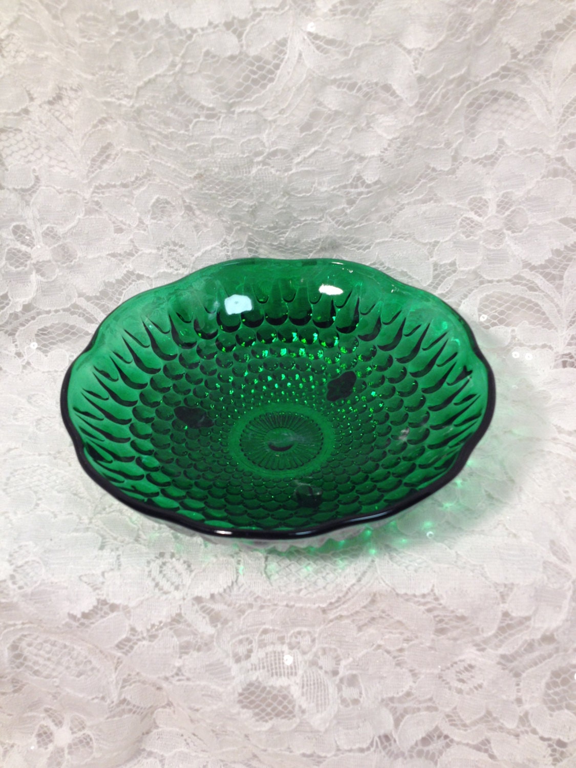 Emerald Green Hobnail Glass Candy Dish Bowl by by TheRainyDayShop