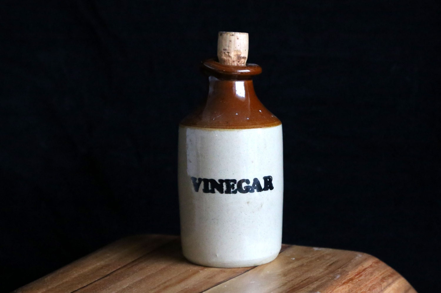 Vintage retro ceramic brown & cream small English vinegar bottle. Haute Juice