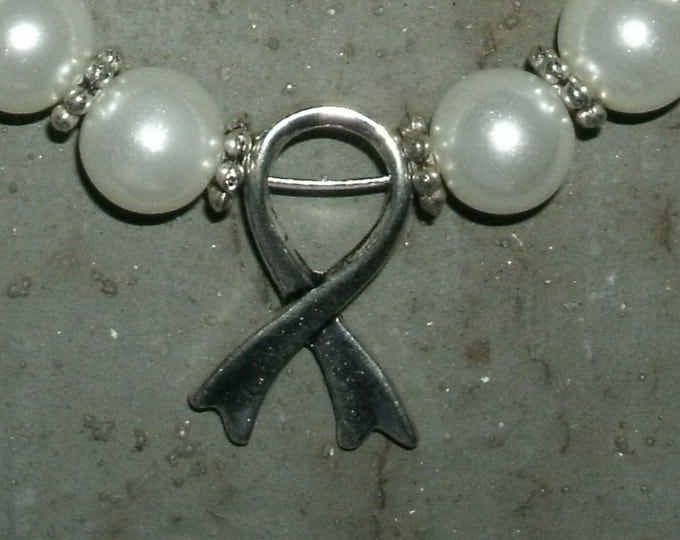 White Pearl Cancer Ribbon Bracelet; Example:November Pearl awareness, Lung cancer ribbon, awareness ribbon, custom colors also made just ask