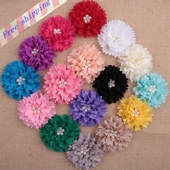 20pcs Wholesale Chiffon flowers with Pearls and