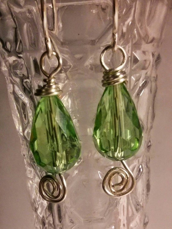 Items similar to Green Wire Wrapped Faceted Briolette Earring's ...
