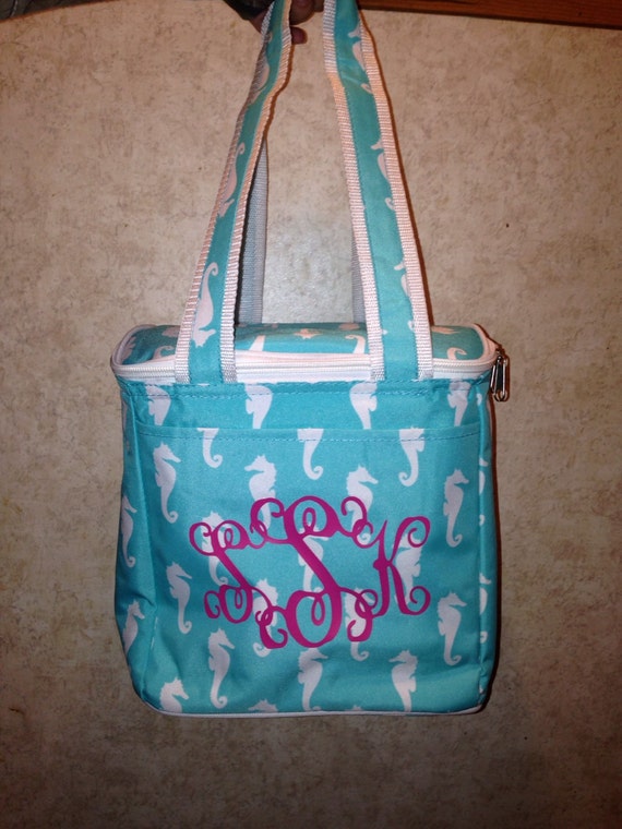 Items similar to aqua monogrammed seahorse cooler tote on Etsy