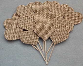 Burlap Fabric Wedding Toothpicks, Rustic Wedding, Bridal Shower, Baby Shower Cupcake Toppers Set of 12