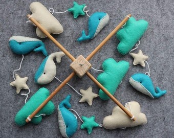 Turquoise Baby Mobile, Crib Baby Mobile, Hanging Baby Mobile, Whales and Clouds Baby Mobile, Dolphins Baby Mobile READY TO SHIP