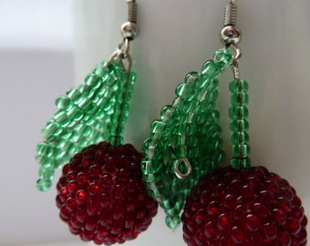 Cherry earrings Fruit earrings bead earrings Red dangling Summer Earrings Fun fashion fruity jewelry Gift for Her New Gift Idea
