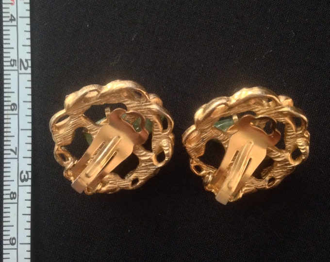 Storewide 25% Off SALE Vintage Coral Reef Inspired Gold Tone Designer Earrings Featuring Jade Turquoise Bean Stone Centers