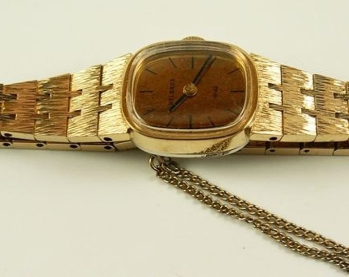 Storewide 25% Off SALE Lovely Vintage Helbros Gold Nugget Style Mechanical Designer Timepiece Featuring a Brushed Gold Finish and Safety Cha