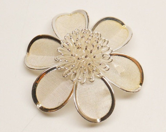 Storewide 25% Off SALE Vintage Multi-Dimensional Silver Tone Metal Flower Brooch Featuring Heavy Fine Screen Petals with Platinum Style Sett