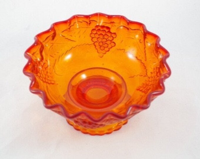 Storewide 25% Off SALE Vintage Amberina Pressed Glass Pedestal Bowl Featuring Beautiful Checker Patterened Raised Design in Yellows and Reds