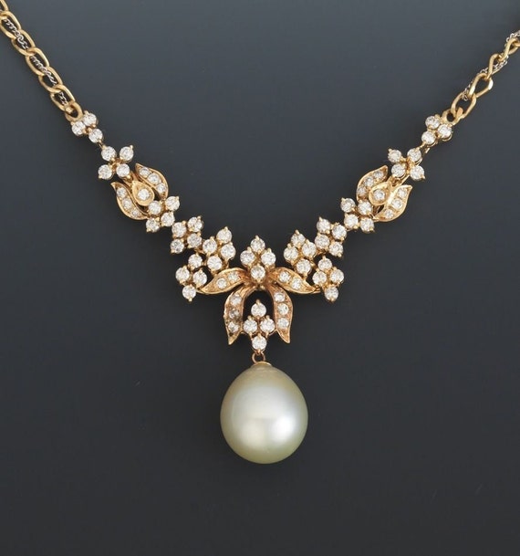 18K Yellow White Gold Large South Sea Pearl Diamond Necklace