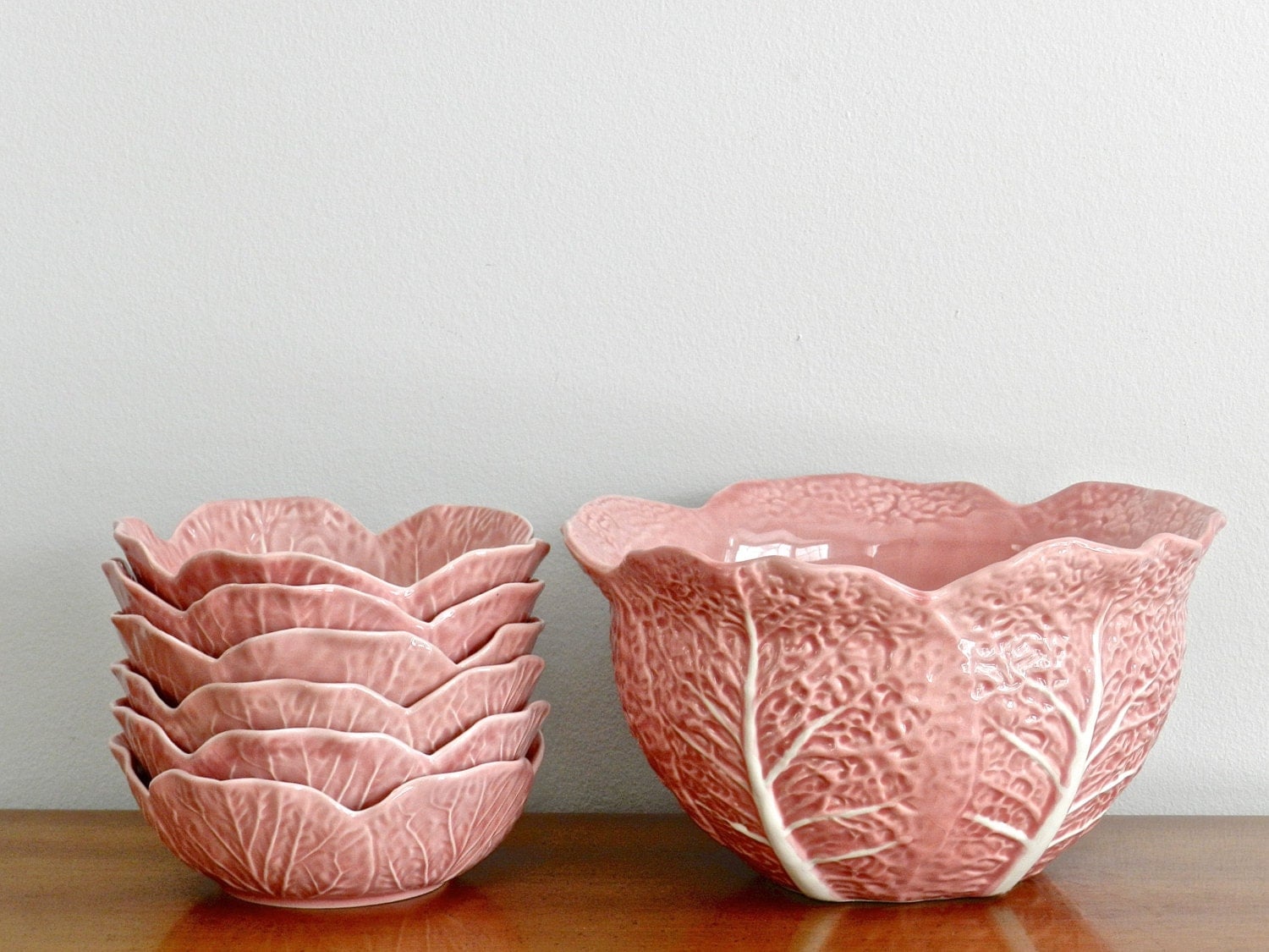Vintage Serving Bowl Set Bordallo Pinheiro Pink Cabbage Leaf Majolica