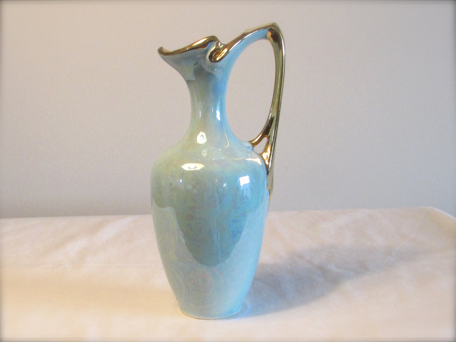 Ewer Pitcher Vase Turquoise Iridescent Opalescent Vase CG USA