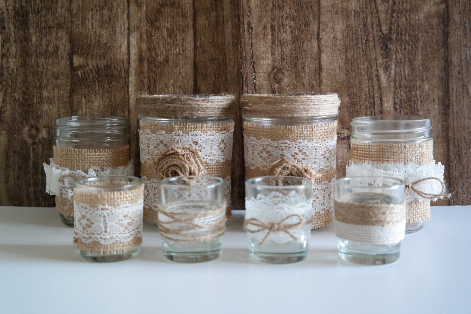 Set of 8 Burlap Twine Lace Mason Jars and Votive Candles