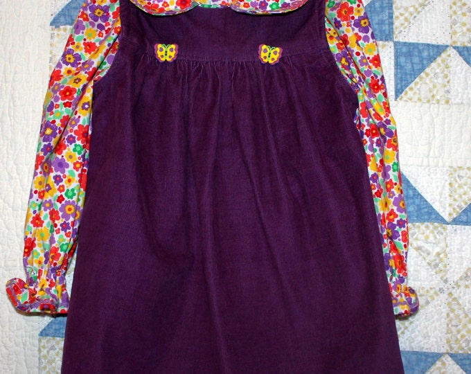 HALF PRICE ** Girl's Purple Corduroy Jumper and Flower print blouse. Size 2 Hand painted buttons accent empire waist