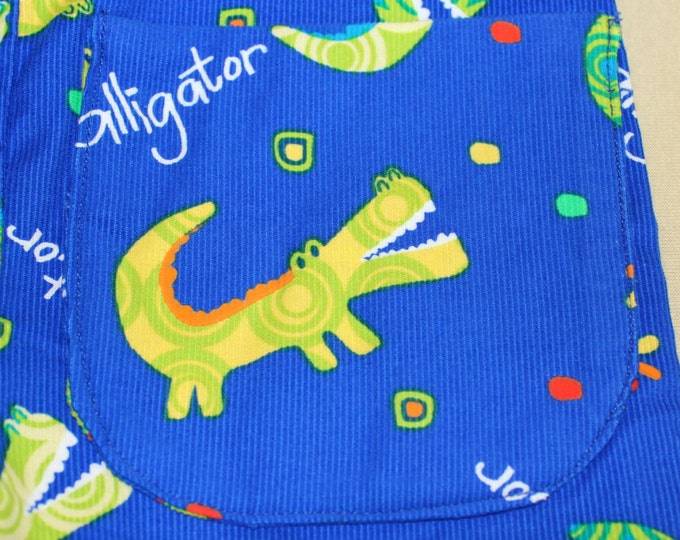HALF PRICE ** Baby Crocodile Overalls Size 18 months Green Crocodiles on bright blue Corduroy. Back pocket Birthday Christmas Easter gift