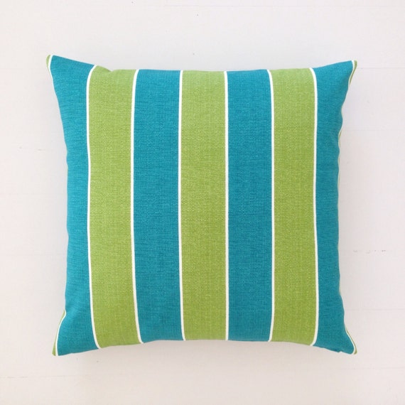 Outdoor cushion teal turquoise & lime striped designer
