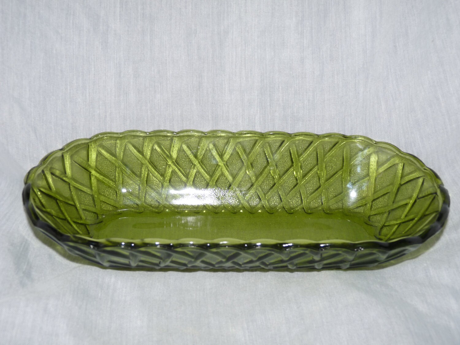 Vintage Indian Green Glass Relish DishWeave Pattern Haute Juice
