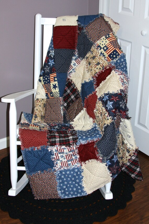 Items similar to Americana Reversible Rag Blanket / Rag Quilt / Lap Throw on Etsy
