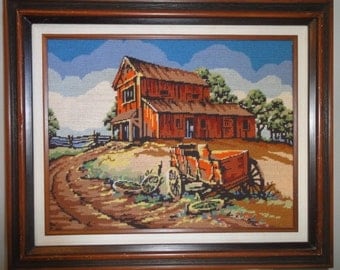 Vintage 1970's Barn and Wagon Needlepoint/Dated