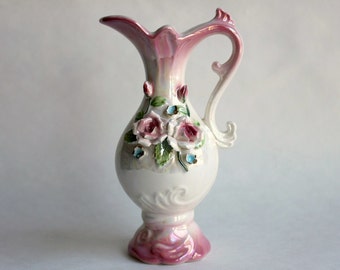 Pink and White Opalescent Pitcher V ase w Raised Roses, Vintage ...