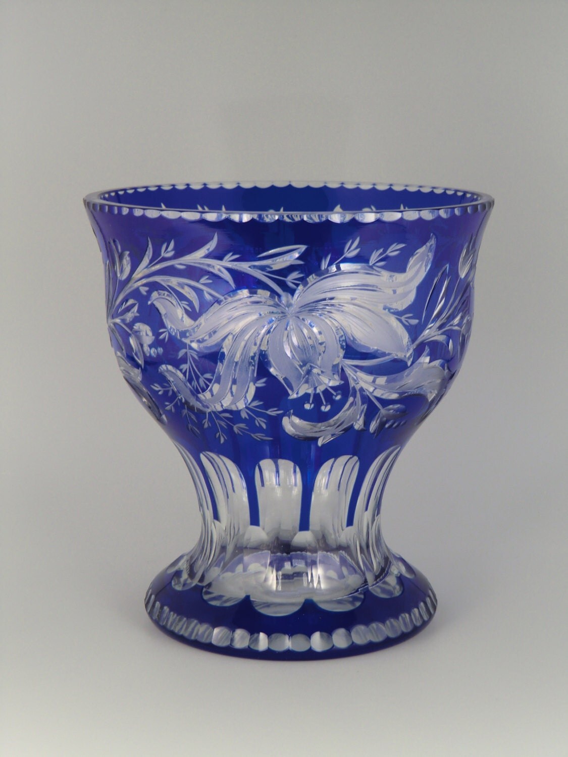 Bohemian Czech Art Deco Cobalt Blue Glass Cut To Clear Vase