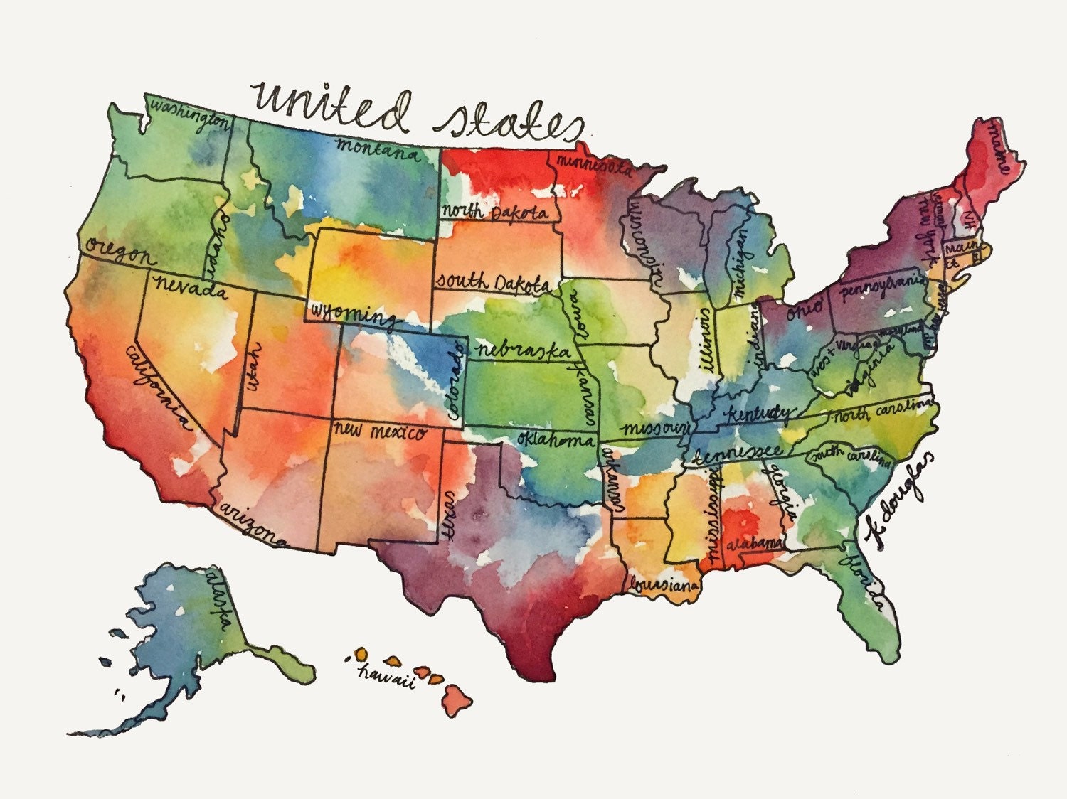 Watercolor United States Map Giclee Print 1161