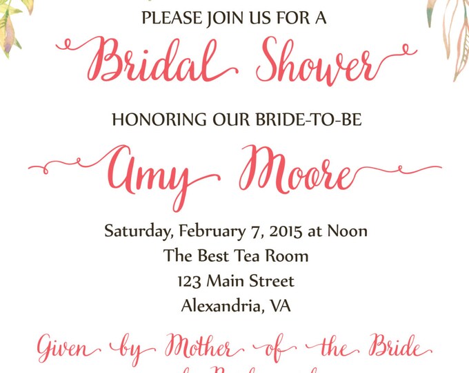 Bridal shower invitation. Bridal Shower Invitation, Bridal Shower Invite, Bridal Shower Printable. DIY Bridal Shower. Floral Bridal