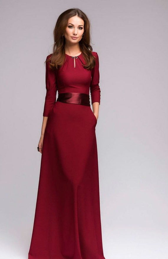 Wine Maxi Dress  Formal  elegant Dress  with Belt  