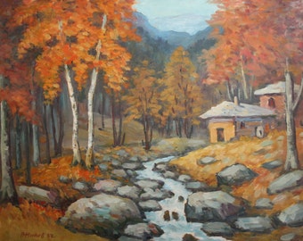 1987 Bulgarian vintage art forest oil painting signed