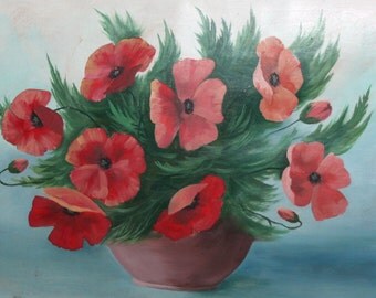 Vintage Bulgarian art oil still life flower painting