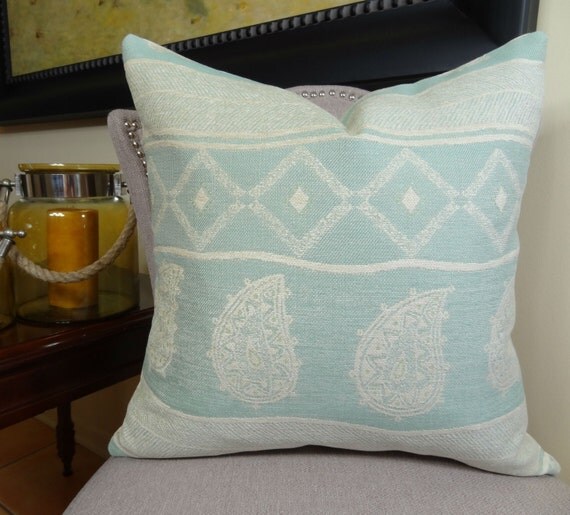 Aqua Blue Green Cream Throw Pillow Designer by PillowsAndAccents